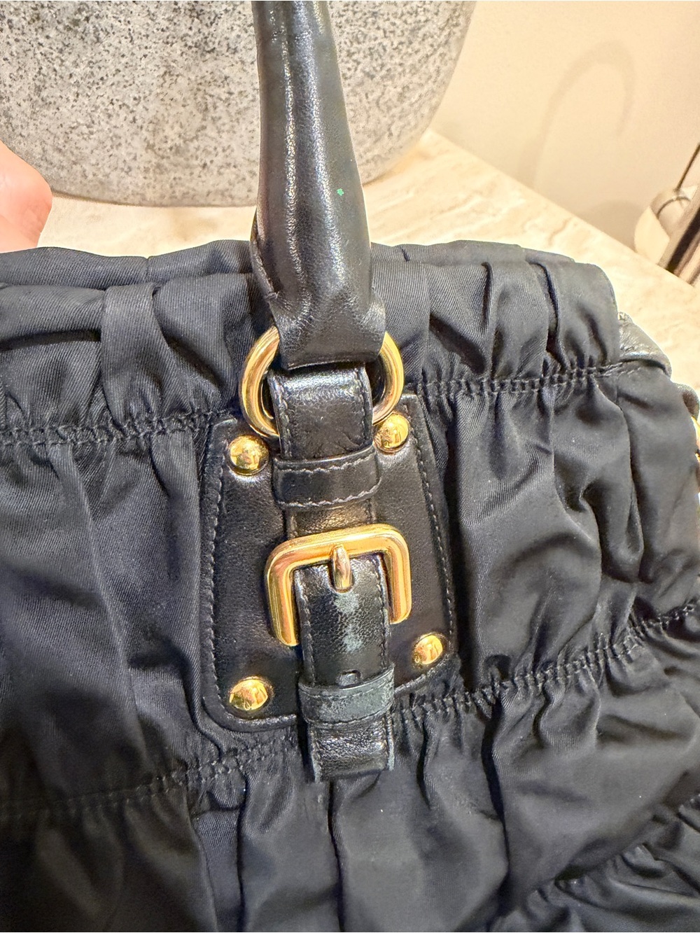 AUTHENTIC Prada Tessuto Black Nylon Ruched Shoulder Bag with Gold Hardware - Picture 16 of 16
